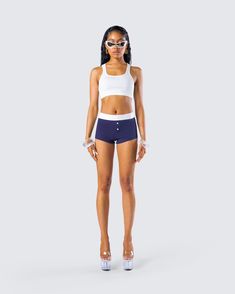 Being the hottest b*tch alive gets exhausting sometimes, don't forget to rest up 😏 This two-piece set featuring a white cropped tank paired with navy blue boy shorts is the perf look for some well deserved R&R 💙 Sporty Crop Top With Built-in Shorts, White Crop Top Activewear For Summer, White Summer Crop Top Activewear, White Cropped Activewear For Summer, Summer Workout Boxer Briefs, Summer Casual Short Sports Bra, Sporty Cropped Bottoms For Summer, White Boxer Briefs For Summer Workouts, Sporty Fitted Short Crop Top