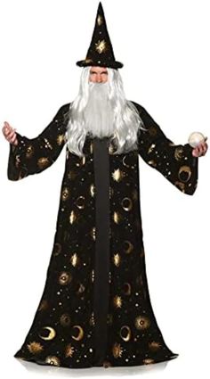 a man in a wizard costume standing with his hands out and wearing a long white beard