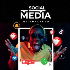 a man wearing headphones and holding his hands out in front of him with social media icons