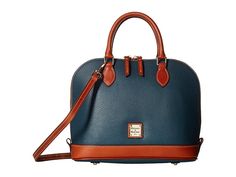 Dooney & Bourke Pebble Leather New Colors Zip Zip Satchel (Teal/Tan Trim) Satchel Handbags. Class and sophistication  this satchel bag has it all. The perfect purse for everyday or special occasions! Made of pebbled leather upper. Zipper closure. Dual  rolled handles with detachable  adjustable crossbody strap. Comes in a variety of pop colors with leather trim accents. Signature logo hardware. Flat base with metal feet. Lined #Dooney&Bourke #BagsandLuggage #Handbag #Satchel #Blue Tan Trim, Perfect Purse, Satchel Handbags, Satchel Bag, New Handbags, Product Reviews