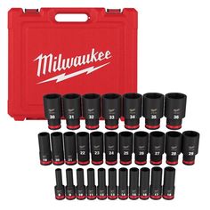 the milwaukee drill bit set is in a red case and it has twenty holes on each side