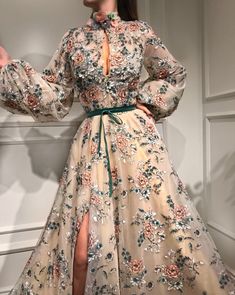 Details - Beige dress color  - Tulle fabric - Handmade embroidered flowers and green velvet ribbon - Ball gown with long sleeves  - Evening dress Couture Dior, Teuta Matoshi, Outfit Chic, Long Sleeve Evening Dresses, فستان سهرة, Beauty Dress, Beige Dresses, Floral Dresses, Gorgeous Gowns