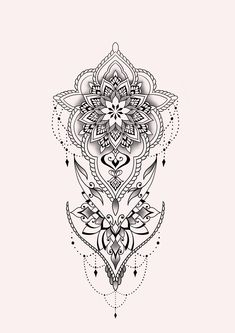 a black and white drawing of a flower on a light pink background with an intricate design