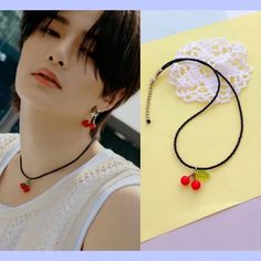 Stray kids Jeongin inspired necklace | black cherry necklace | Yang Jeong-in black choker | kpop korean style | asian fashion idol jewelry Kpop Inspired Jewelry Diy, Kpop Idols Jewelry, Kpop Idol Jewelry, Kpop Inspired Jewelry, Kpop Beaded Jewelry, Stray Kids Jewelry, Kalung Korea, Beads Kpop, Mermaid Jewelry Diy