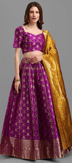 Purple and Violet color Lehenga in Jacquard fabric with Weaving work Wedding Dupatta With Zari Work On Jacquard, Wedding Jacquard Dupatta With Pallu, Festive Jacquard Traditional Wear For Wedding, Wedding Brocade Choli With Zari Weaving, Brocade Wedding Sets With Motifs, Fitted Jacquard Sets For Wedding, Ceremonial Art Silk Lehenga With Self Design, Brocade Lehenga With Motifs For Wedding, Purple Brocade Lehenga For Wedding