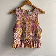 Cute Little Spring/Summer Top. Ruching Throughout, Pink & Yellow! Crochet High Neck, Ribbed Crochet, Ruffle Tank Top, Flowy Blouse, Pink Tank, Black Rib, Black Laces, Summer Top, Yellow Floral