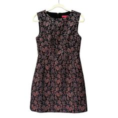 Navy, Black, Copper Tallic Floral Pattern - Boat Neckline, Defined Waist, Straight Skirt, Hits Above Knee, Fully Lined - 57% Polyester / 34% Cotton / 7% Metallic / 2% Spandex Evening Sleeveless Floral Print Dress, Fitted Sleeveless Floral Dress For Evening, Floral Print Sheath Dress For Night Out, Elegant Floral Print Sleeveless Mini Dress, Sheath Dresses With Floral Print For Night Out, Elegant Sheath Mini Dress With Floral Print, Black Sleeveless Dress With Floral Print For Evening, Black Sleeveless Floral Print Evening Dress, Elegant Black Sleeveless Dress With Floral Print