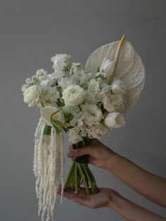 someone holding a bouquet of white flowers in their hands