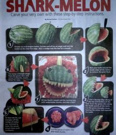 an advertisement for shark melon with instructions on how to cut it