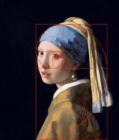 a girl with a pearl ear and a golden square in front of her is shown