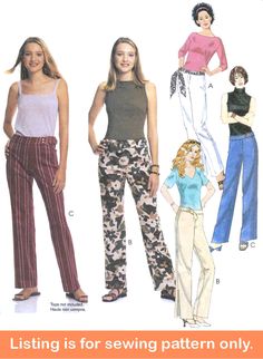 three women's pants and one woman's top are shown in this pattern