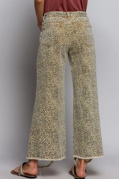 Animal Print Is Everyone's Favorite! Animal Print Denim Jeans with a New Modern Twist. Wide Raw Distressed Hem Featuring Button and Zipper Closure 5 Pockets Mustard Color 100% Cotton Measurement: (S) Waist 28" Rise 10" Inseam 26" (M) Waist 30" Rise 11" Inseam 27" Cotton Leopard Print Pants For Spring, Leopard Print Cotton Pants For Spring, Yellow Wide Leg Jeans For Fall, Yellow Denim Bottoms For Fall, Printed Denim Jeans, Animal Print Jeans, Print Jeans, Print Denim, Favorite Animal