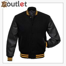 Jet Black Wool Varsity Jacket Black Letterman Jacket, Varsity Jacket Black, Leather Sleeve Jacket, Leather Varsity Jackets, Varsity Letterman Jackets, College Jackets, Varsity Jackets, Varsity Jacket Men, Baseball Varsity Jacket