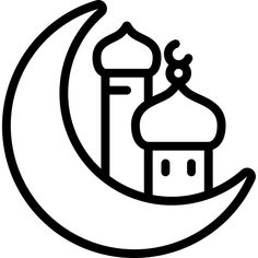 a crescent with a mosque on it and the moon in the background, all black and white