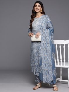 Blue Cotton Blend Abstract Print & Embroidered Suit Set with Dupatta Blue Kurta, Embroidered Suit, Formal Jewelry, Print Embroidery, Embroidery Detailing, Churidar, Suit Set, Fabric Shop, Embroidery Details