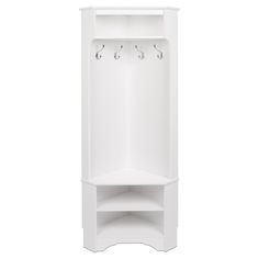 a white corner shelf with three hooks on the top and two coats hanging from it's sides