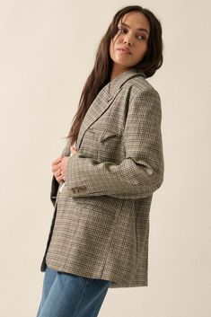 Houndstooth plaid tweed blazer jacket. Lapel collar with buttonhole. One-button front closure. Chest pocket with pocket square detail. Side pockets. Long sleeves with decorative buttons at cuffs. Padded shoulder. Full lining. Loose fit. 89% Polyester, 10% Rayon, 1% Spandex. Imported. Designed in LA. Model wears size S. Tweed Jacket With Houndstooth Pattern For Business Casual, Tweed Blazer With Lapel Collar For Office, Tweed Sport Coat With Suit Collar For Work, Office Tweed Blazer With Lapel Collar, Tweed Blazer With Houndstooth Pattern, Fall Tweed Jacket With Double Button Closure, Tailored Tweed Blazer With Houndstooth Pattern, Fall Single Breasted Button-up Tweed Jacket, Fall Single Breasted Tweed Jacket