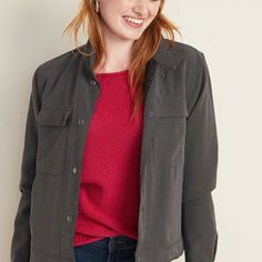 Standing Collar, With Snap-Button Closure. Long Sleeves, With Snap-Button Cuffs. Flap Pockets At Chest. Five-Snap Placket. On-Seam Pockets In Front. Soft, Drapey Twill. #550966 90% Rayon , 10% Polyester Loose, Boxy Fit Through Body. Jacket Hits Below Waist. Model Is Approximately 5'9" And Wears A Size S (Numeric Size 4). Bust: 48 Length: 23 Casual Outerwear With Button Cuffs For Layering, Button-up Outerwear For Layering, Casual Long Sleeve Outerwear With Button Cuffs, Versatile Single-breasted Long-sleeve Outerwear, Casual Outerwear With Buttoned Pockets For Layering, Solid Color Everyday Utility Jacket With Button Closure, Solid Utility Jacket With Button Closure For Everyday, Utility Jacket With Button Closure For Everyday, Functional Button Outerwear For Work In Fall