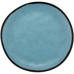 a blue plate with black rim on a white background