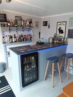 a bar with two stools in front of it