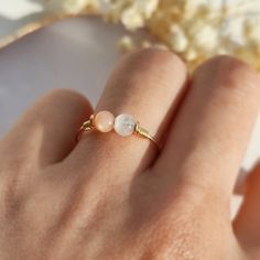 ✨ Moonstone & Sunstone Ring, 14K Gold Filled, Rose Gold Filled, Sterling Silver Wire Wrapped Ring, Moon and Sun Jewelry ✨💙 Simple two-stone wire ring with moonstone & sunstone beads, the two gemstones that represent the Moon and the Sun. Very dainty and precious ring for every day wear & a wonderful gift. Sizing: •Gemstone size: 4 mm•Ring Band:  0.8 mm 🌛 Moonstone helps to bring calm, peace, and balance. Moonstone is believed to has soothing energy which heals anxiety and worries. Gem Stone Ring, Retro Rings, Quartz Rings, Sunstone Ring, Moon Accessories, Two Stone Ring, Sun Jewelry, Ring Moon, Sunstone Jewelry