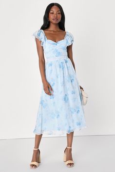 Light Blue Floral Dress - Ruffled Midi Dress - Tie-Back Dress - Lulus Light Blue Chiffon Midi Dress, Feminine Blue Chiffon Midi Dress, Blue Chiffon Midi Dress For Brunch, Blue Chiffon Midi Dress With Ruffles, Blue Chiffon Dress For Daywear, Flowy Blue Chiffon Dress For Brunch, Light Blue Floral Dress, Spring Wedding Guest Dress, Summer Wedding Guests