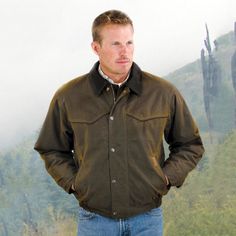 Outback Trading Oilskin Mens Trailblazer Jacket Outback Trading Company's Oilskin is made of a cotton fabric that is infused with oil, thus leaving you with a durable material that repels water, "water and oil don't mix!" Since the years of the Wild West, Outback Trading has evolved the oilskin fabric into fashion forward garments, without damaging the integrity of the fabric! Features: Waterproof and breathable Zipper closure, snap storm placket Nubuck leather slash pockets openings, collar and Western Vests, Western Jackets, Fly Boots, Western Vest, Into Fashion, Western Jacket, The Wild West, Water Water, Nubuck Leather