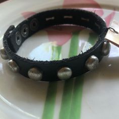 Black Leather And Studded Bracelet From Will Leather Goods. New With Tags Edgy Silver Bracelets With Black Band, Edgy Silver Bracelet With Black Band, Adjustable Silver Leather Punk Bracelet, Adjustable Silver Punk Leather Bracelet, Silver Adjustable Punk Leather Bracelet, Silver Leather Punk Bracelet With Black Band, Silver Leather Bracelet With Black Band In Punk Style, Punk Style Silver Leather Bracelet With Black Band, Edgy Silver Leather Bracelet With Black Band