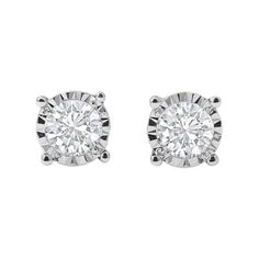 Add a bit of sparkle to her look with these spectacular diamond solitaire stud earrings. Crafted in sterling silver, each earring features a shimmering round diamond artfully set with a miracle plate that makes the diamond appear larger. These stud earrings captivate with 1/4 ct. t.w. of diamonds and a polished shine. An everyday look, these earrings secure comfortably with friction backs. Size: One Size.  Color: White.  Gender: female.  Age Group: adult. Classic White Brilliant Cut Diamond Earrings, White Round Diamond Earrings, Timeless Solitaire Diamond Earrings In Sterling Silver, Timeless Sterling Silver Solitaire Diamond Earrings, White Diamond Solitaire Round Cut Earrings, Timeless White Solitaire Diamond Earrings, White Solitaire Diamond Earrings, White Solitaire Diamond Earrings, Lab Grown, Classic White Gold Brilliant Cut Diamond Earrings