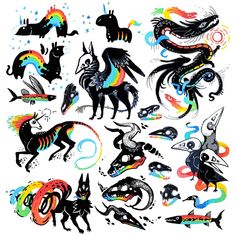 an assortment of different types of animals and birds on a white background with rainbow colors