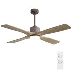 a ceiling fan with two remote controls on the side and an image of a clock behind it