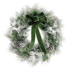 a christmas wreath with pine cones and green ribbon