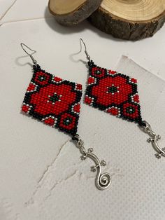 Red Dangle Flower Earrings, Red Beaded Flower Shaped Jewelry, Red Bohemian Flower Earrings, Bohemian Red Flower Earrings, Unique Red Flower Earrings, Handmade Red Pendant Earrings, Elegant Earrings With Colorful Beads For Gift, Elegant Red Flower Earrings With Ear Wire, Elegant Red Beaded Flower Earrings