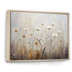 an abstract painting with white flowers on a gray background