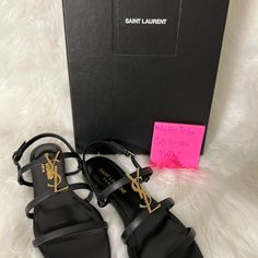 This Sandals Have A Logo . It’s Beautiful But Little Bigger With Me . New With Box . Luxury Black Low Heel Sandals, Black Low Heel Sandals With Branded Insole, Designer Black Low Heel Sandals, Designer Black Sandals With Low Heel, Saint Laurent Sandals, Denim Mules, Ankle Wrap Heels, Ysl Sandals, Glitter Sandals