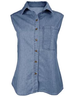 Comfy, breathable and soft denim fabric. Casual style European look. Sleeveless. Buttons down front closure. V-neckline. Round edge. Pockets on front. Color may be lighter or darker depending of the device it is displayed. Casual Medium Wash Denim Tank Top, Dark Wash Button-up Top For Summer, Fitted Casual Denim Blue Tank Top, Dark Wash Sleeveless Casual Top, Sleeveless Denim Top With Pockets, Casual Stretch Denim Vest In Cotton, Casual Stretch Cotton Denim Vest, Casual Sleeveless Blue Shirt, Summer Sleeveless Blouse With Pockets