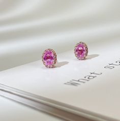 natural pink sapphire withe certificated  elegant halo setting  A+ quality gemstone , minor inclusion , good clarity , good luster . gemstone size :4*6MM 0.9-1.0carat  dimension : 6*8MM Pink Sapphire Earrings, Halo Earrings, Halo Setting, Sapphire Earrings, Pink Sapphire, 18k Rose Gold, Jewelry Earrings Studs, Rose Gold Plates, Favorite Jewelry