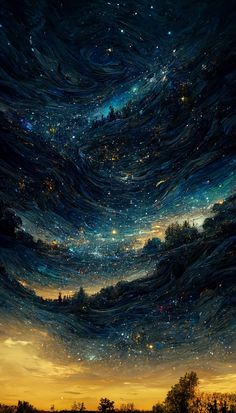 the night sky is filled with stars and clouds