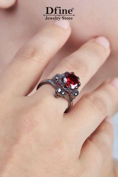 Skull Engagement Ring, Gothic Jewelry, Wedding Ring, Red Garnet, Gemstone, Vampire Skull Ring, Spooky Skull Ring for Women, 925 Sterling Silver, Gun Metal Elegant Red Skull Ring For Gift, Gothic Round Ruby Jewelry, Red Skull Ring For Anniversary, Elegant Red Skull Ring For Anniversary, Gothic Ruby Jewelry, Red Gothic Jewelry For Anniversary, Gothic Red Ruby Promise Ring, Red Ring Jewelry For Halloween, Red Halloween Ring