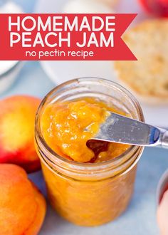 an easy homemade peach jam recipe in a jar