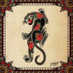 a tattoo style image of a tiger with roses on it's tail