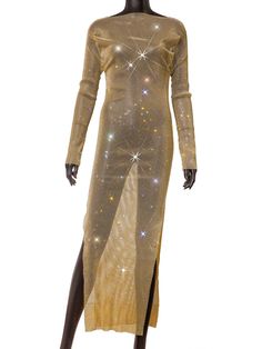 Rhinestone mesh maxi dress.The fabric of this dress is very stretchy. One size dress (goes between XS, S, M, L) SIZE Bust Length 25.98-42.52 55.12 Rhinestone Floor-length Maxi Dress For Parties, Gold Maxi Dress For Night Out, Glamorous Club Maxi Dress, Floor-length, Glamorous Floor-length Maxi Dress For Club, Glamorous Gold Long Sleeve Maxi Dress, Gold Sequin Fitted Maxi Dress, Gold Embellished Maxi Dress For Night Out, Bodycon Mesh Maxi Dress For Party, Evening Maxi Dress With Rhinestones For Party Season