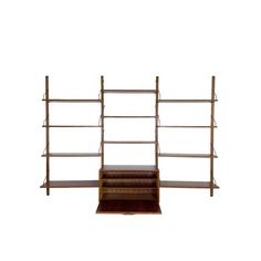 a wooden shelf with three shelves on each side and two bookshelves in the middle