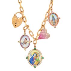 Love and Lock Necklace, 18K yellow gold (750/1000). Chain: 50.8cm length. • Large hand-painted enamel “Our Lady of Perpetual Help” medal. Set with 0.42 carats of tsavorite and 0.46 carats of white diamonds.Measurements 25mm width, 35mm length. • Medium hand-painted enamel “Protective Angel” medal. Set with 0.28 carats of purple sapphire and 0.16 carats of aquamarine. Measurements 20mm width, 25mm length. • Medium hand-painted enamel “Virgin of Lourdes” medal. Set with 0.28 carats of orange sapph Gold Piercings, Our Lady Of Perpetual Help, Lady Of Perpetual Help, Lucky Charm Necklace, Book Necklace, Lock Necklace, Vintage Lockets, Purple Sapphire, Solid Gold Chains