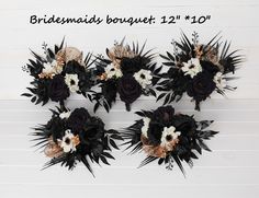 black and white flowers are arranged on the side of a wooden wall with text reading bridals bouquet 21 + 10