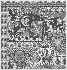 a cross stitch pattern with animals and other things on it, in black and white