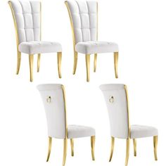 four white and gold dining chairs with buttons on the back, one is upholstered