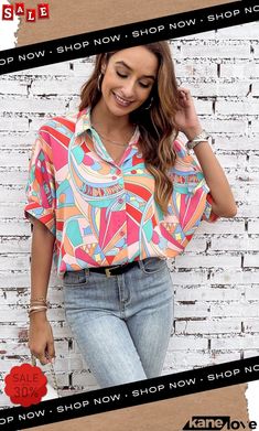 Abstract Half Puff Sleeve Loose Shirt Chic Multicolor Graphic Print Blouse, Trendy Printed Button-up Top, Trendy Button-up Printed Top, Casual Button-up Blouse With Graphic Print, Trendy Pink Blouse With Graphic Print, Trendy Collared Shirt With Abstract Print, Chic Collared Blouse With Graphic Print, Casual Multicolor Blouse With Graphic Print, Casual Multicolor Blouse With Abstract Print