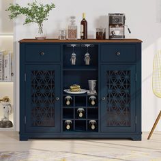 a blue cabinet with some drinks on it