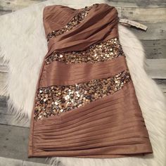 Very Flattering Jump Apparel Sequin Tan Strapless Dress Size 3/4 Brown Fitted Strapless Dress For Party, Fitted Brown Strapless Dress For Party, Strapless Gold Dress For Spring, Strapless Dress Accessories, Hannah Marin, Overlay Dress, Hoco Dresses, Book Decor, Fancy Dresses